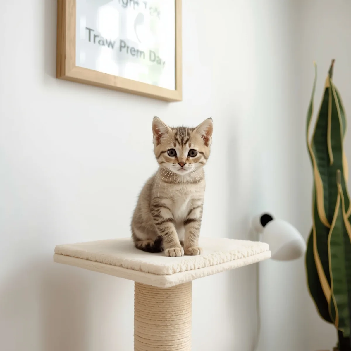 Kitten on the lowest platform of a cat tree