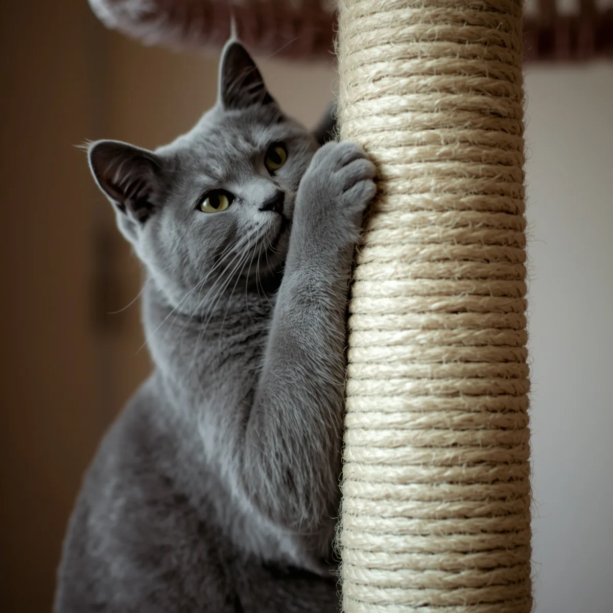 Cat scratching sisal post on a cat tree