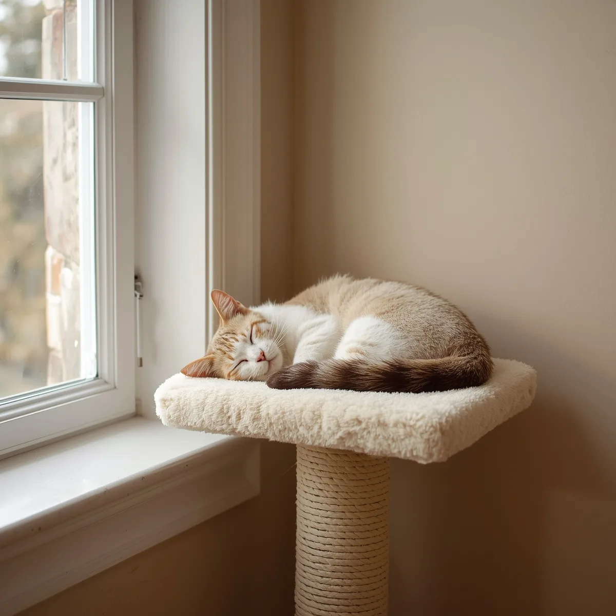 Cat napping on a cat tree platform by the window