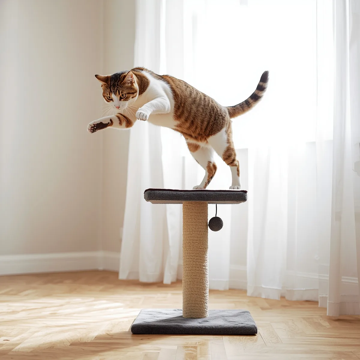 Cat leaping onto cat tree