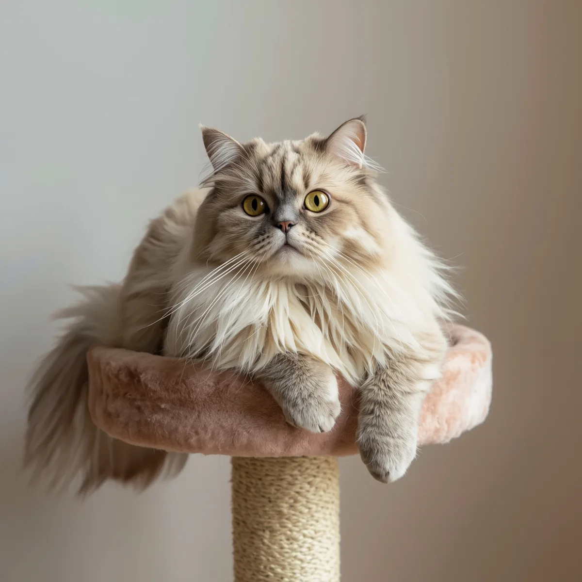 Senior fluffy cat on middle platform