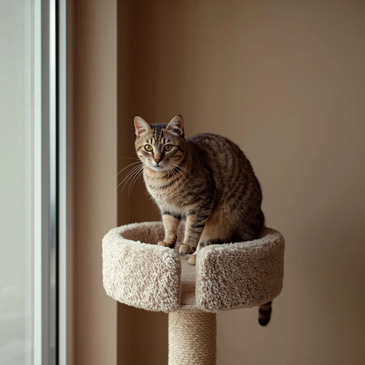 Cat on top perch of cat tree by window