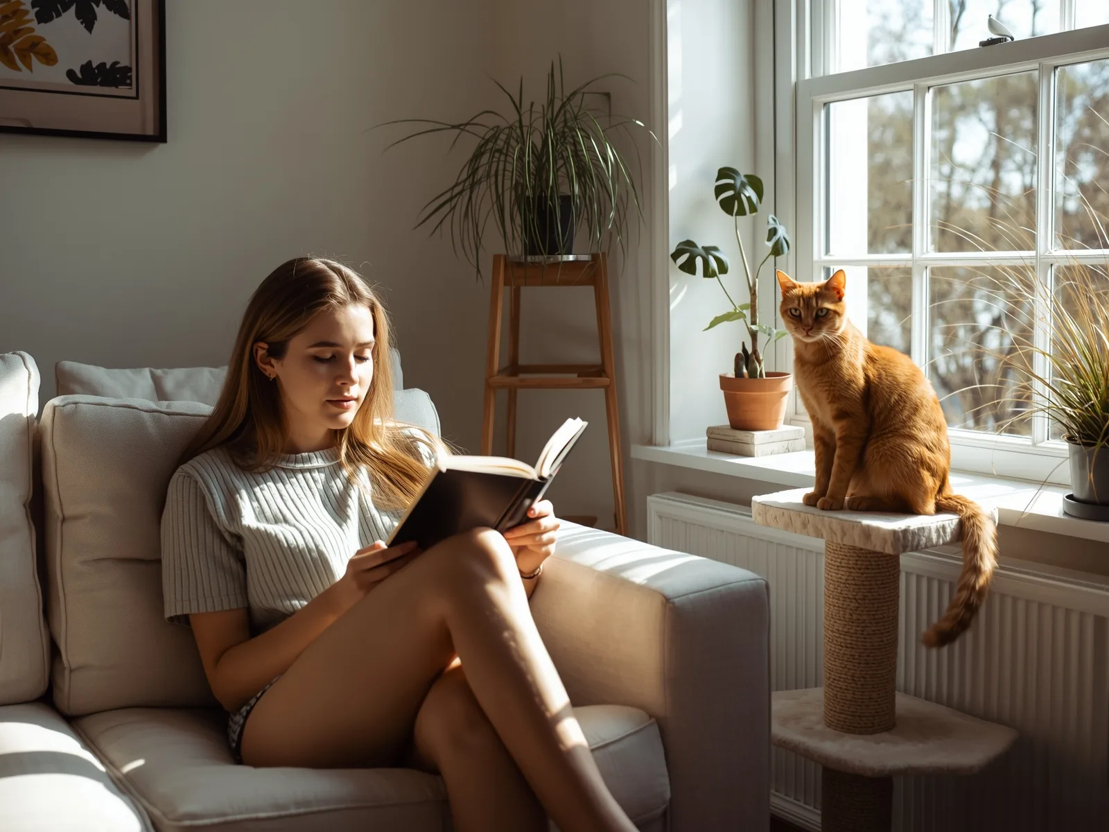 Woman reading on a sofa while her cat watches from a cat tree beside the window