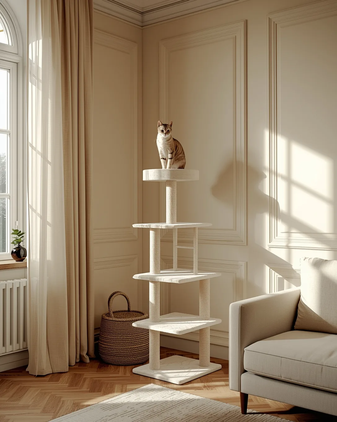 Tall portrait of a cat tree in a styled living room with a cat on the top perch