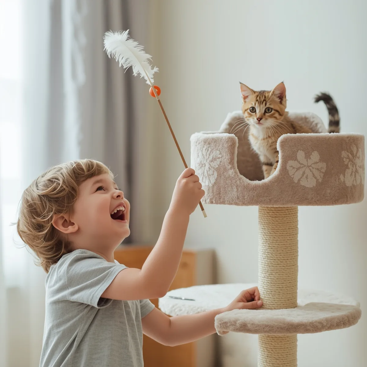Child playing with a wand toy while a kitten climbs a cat tree