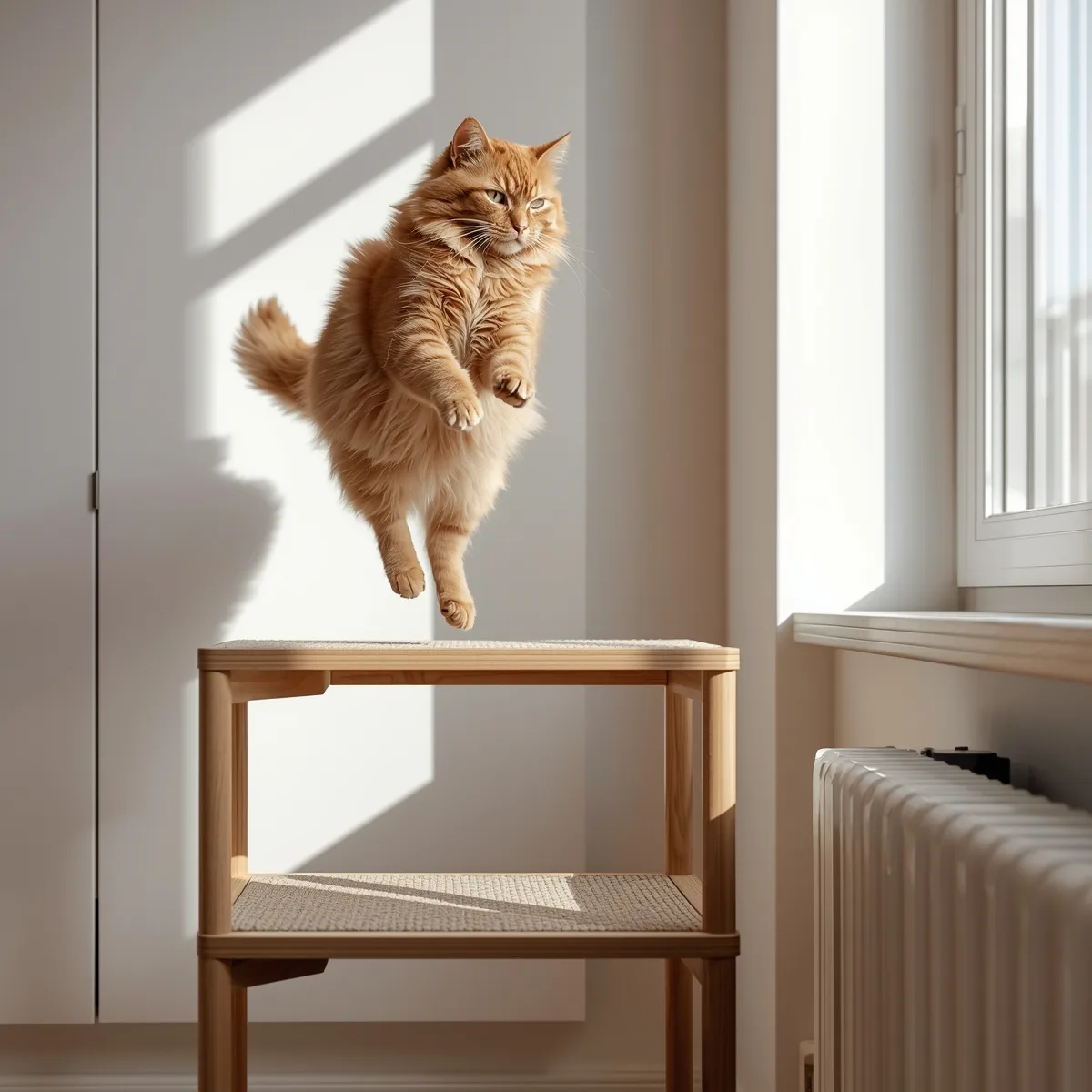 Cat mid-leap onto a cat tree platform