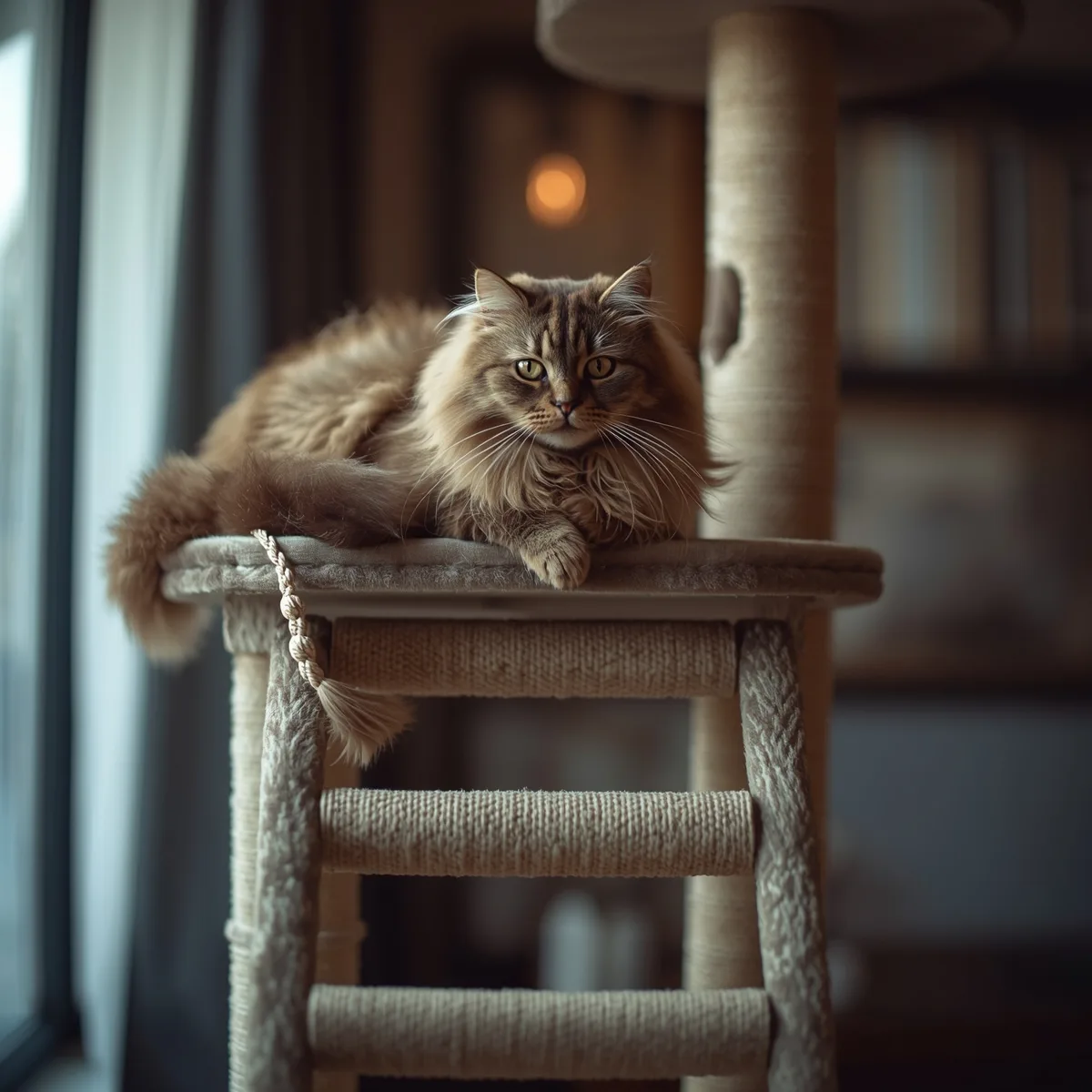 Two cats on different platforms of the same cat tree