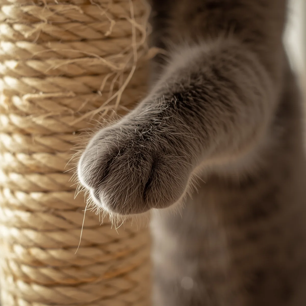 Close-up of a cat scratching a sisal rope post