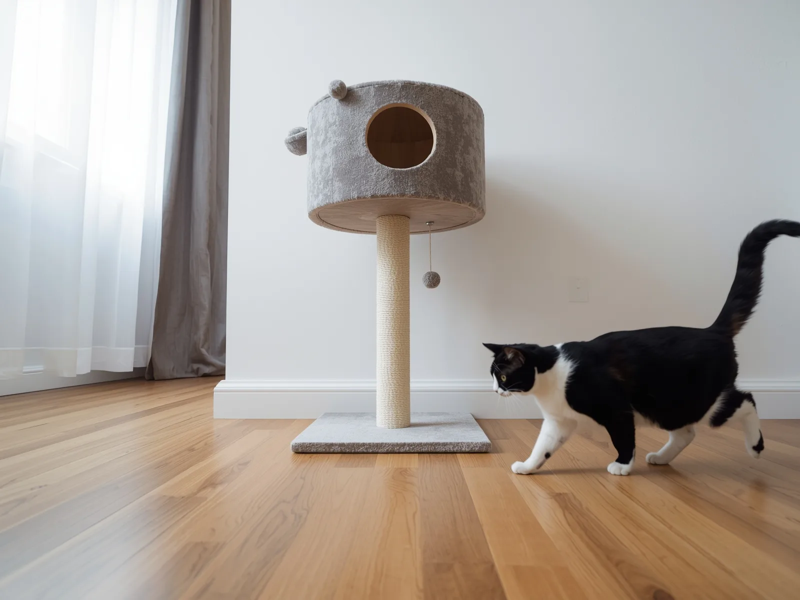 Wide laminated base of a cat tree on a wooden floor