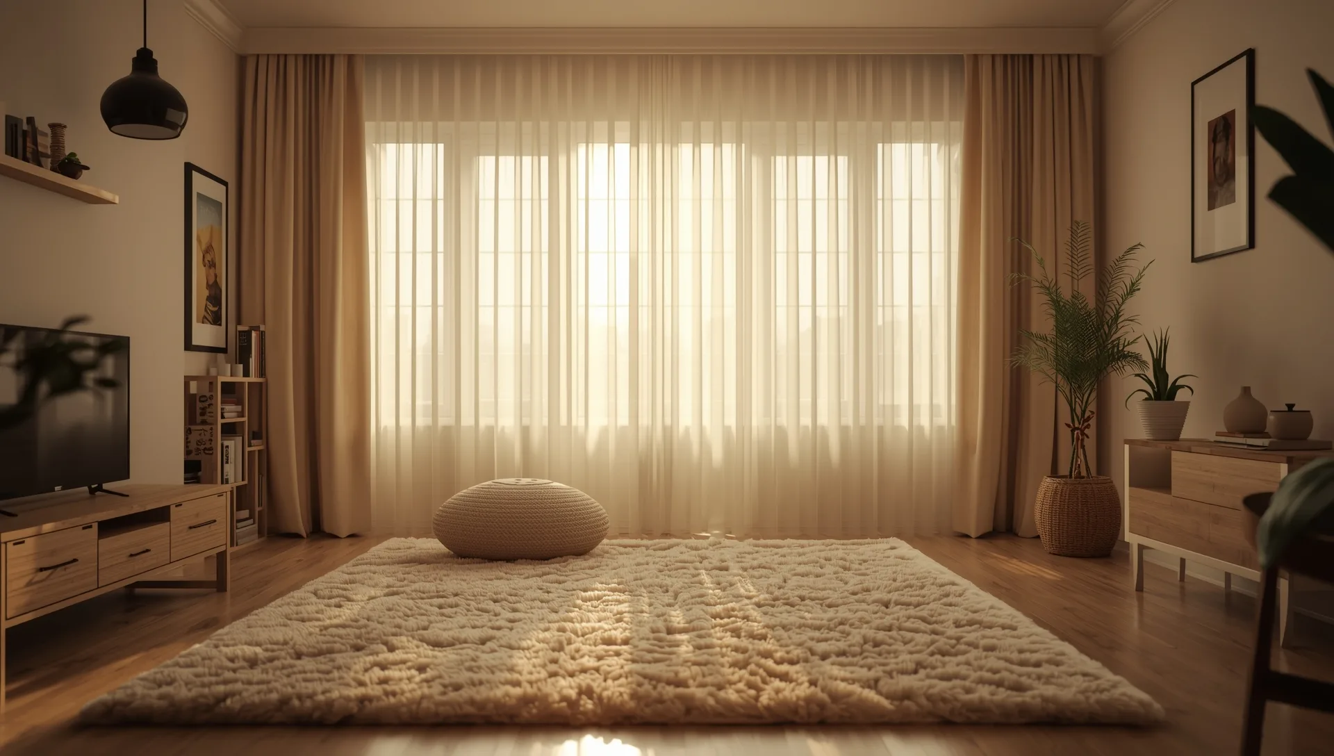 Warm living room with cat tree and soft afternoon light