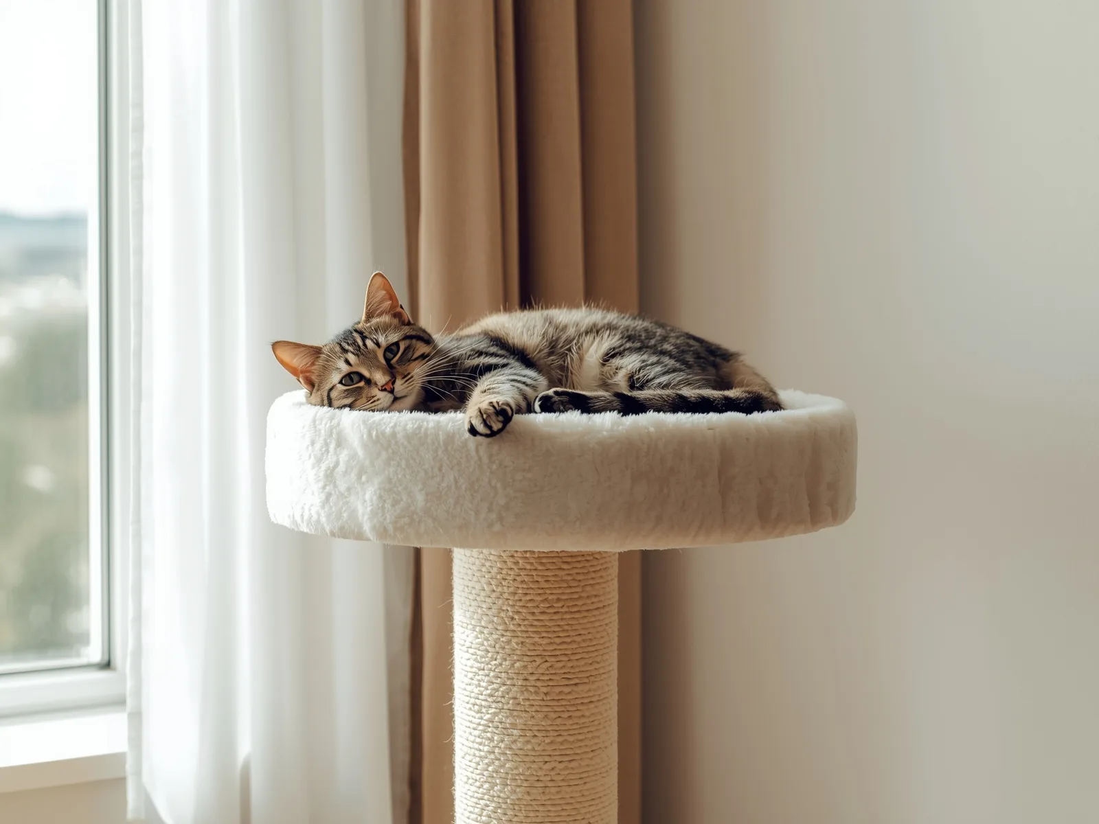 Tabby cat lounging on the top perch of a cat tree beside a window